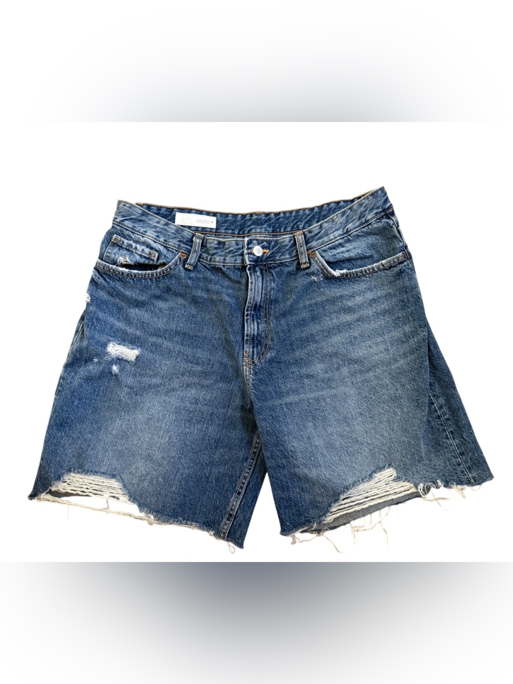 Zara Distressed High-Waist Denim Shorts - Blue